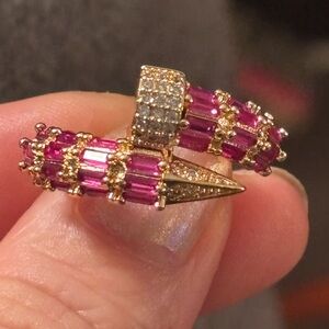 Pink Sapphire Gold Tone Baguette Wrap Ring• Architectural Statement • Size 7.5-8